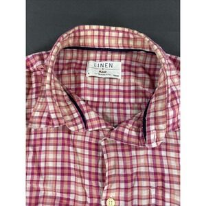 Linen pink and white plaid linen-blend button-up shirt Size XL